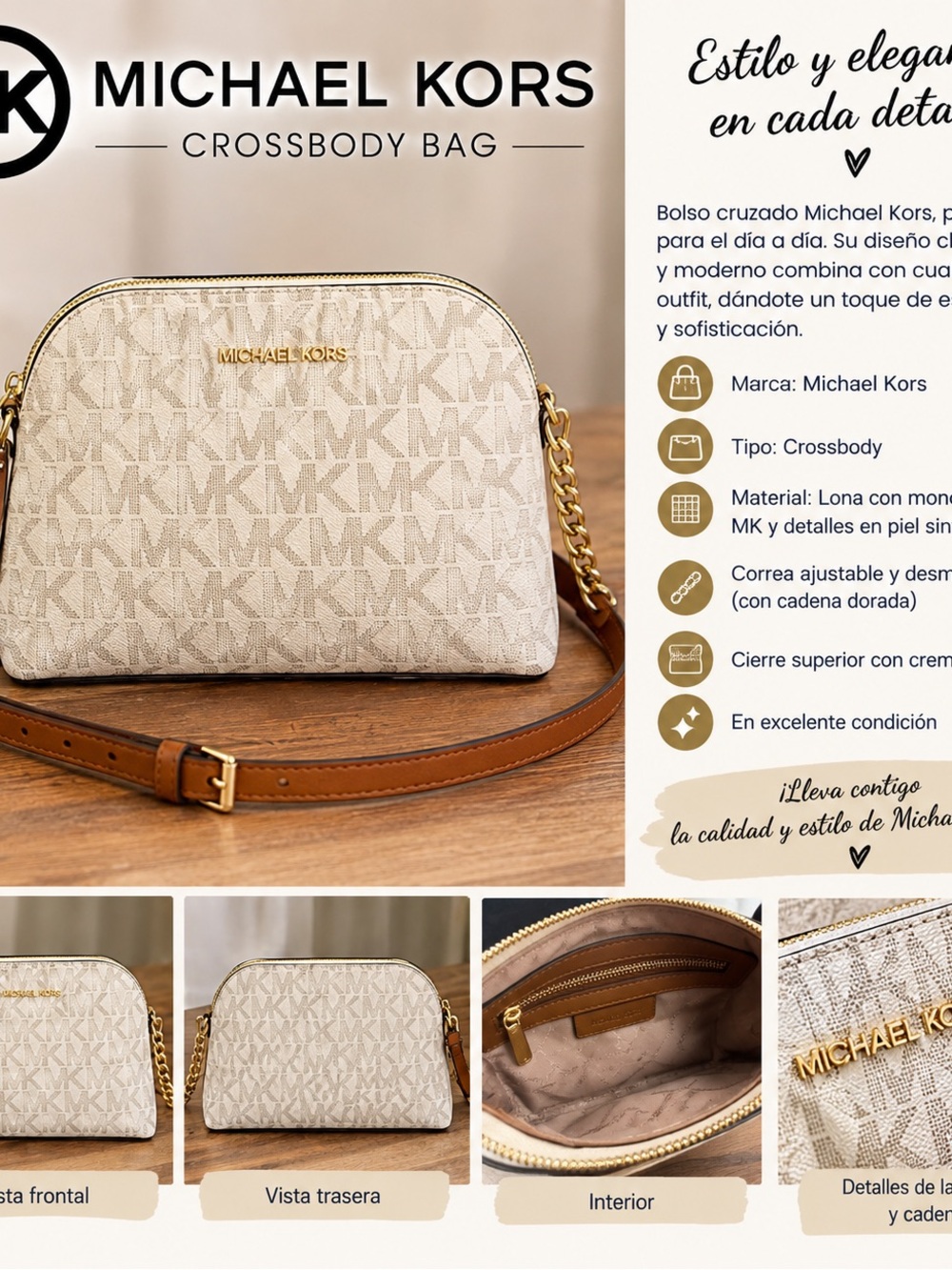 Michael Kors Cream Logo Crossbody with Tan Strap and Gold Hardware
